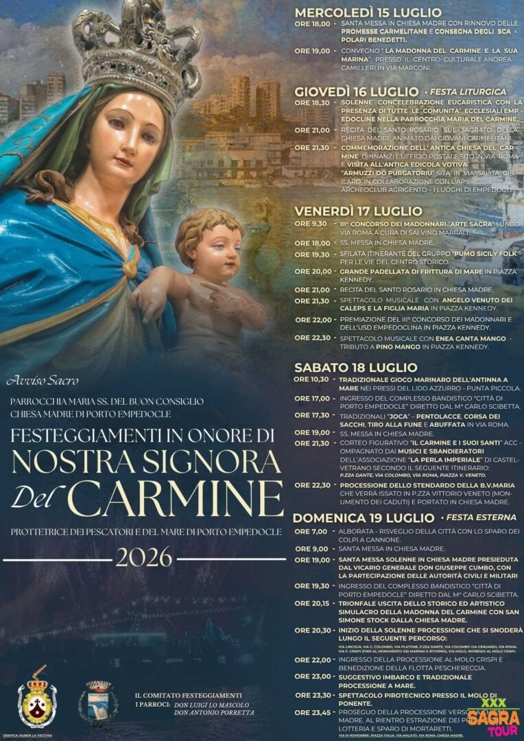 locandina festeggiamenti in onore di nostra signora del carmine porto empedocle