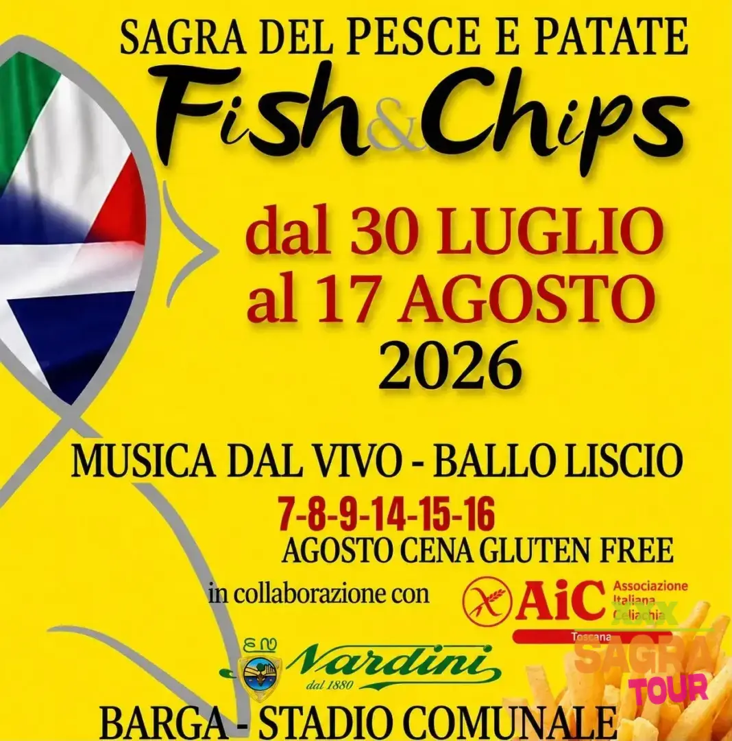 locandina sagra del pesce e patate, fish and chips festival barga