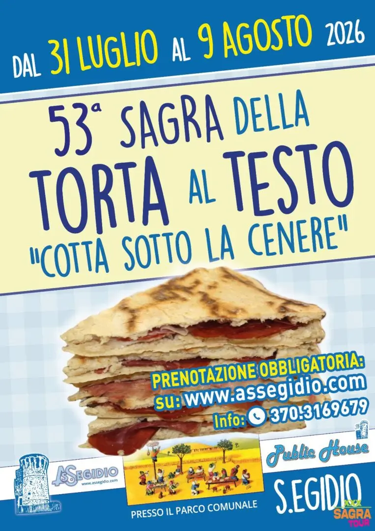 locandina sagra della torta al testo “cotta sotto la cenere” sant'egidio
